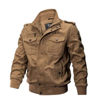 Plus size bomber military jacket for men in cotton washed finish with zip and button closure, available in 5XL and 6XL