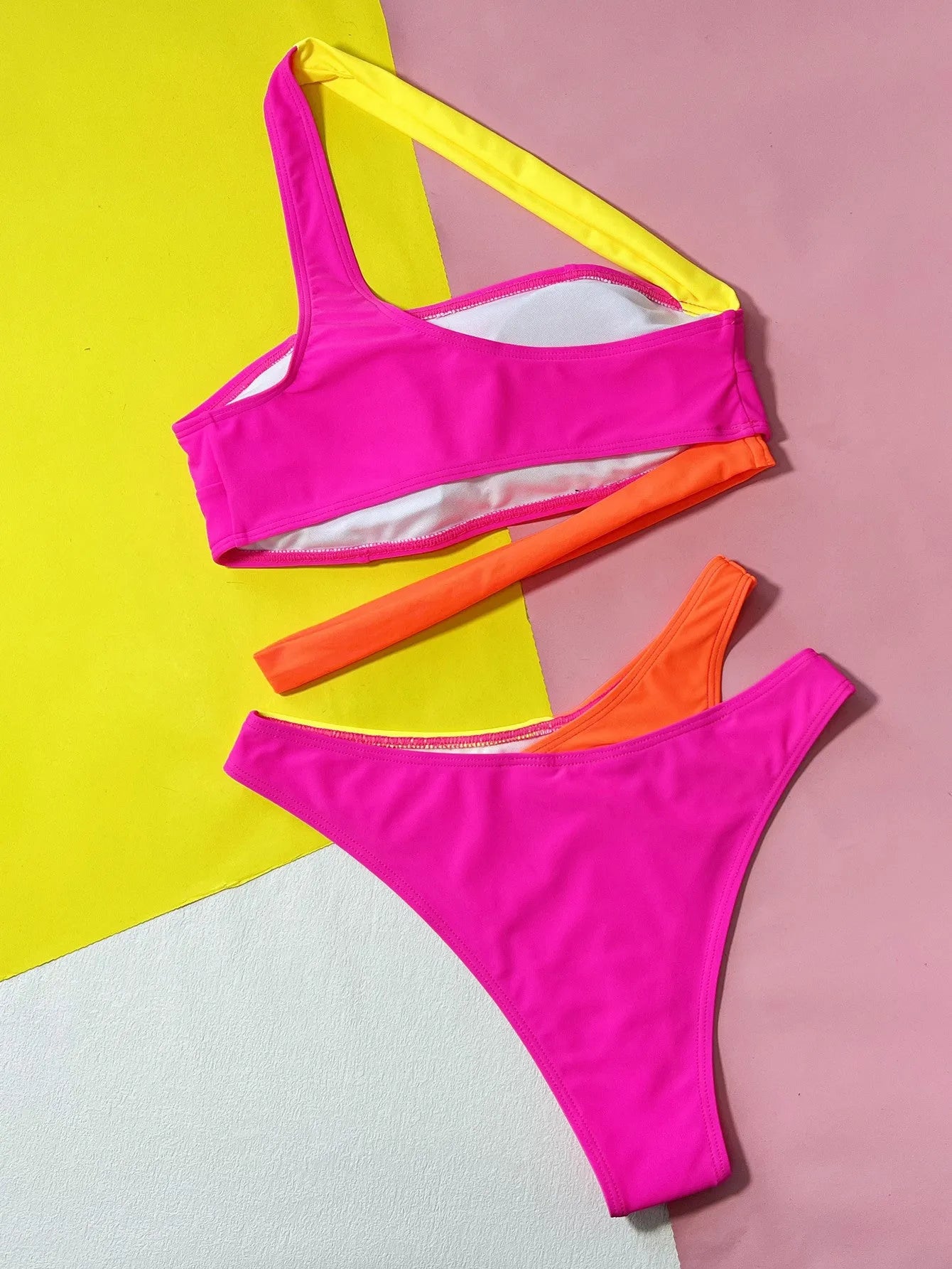 Rose red women's hollow contrast colour split bikini swimsuit set