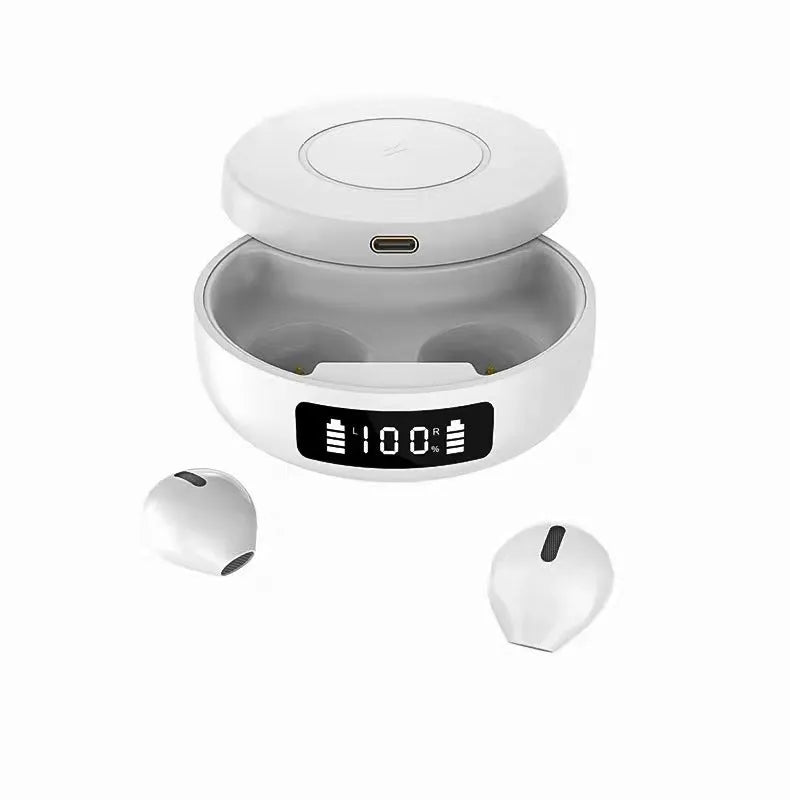 Black wireless semi-in-ear headphones and charging case on a table, showing compact design.