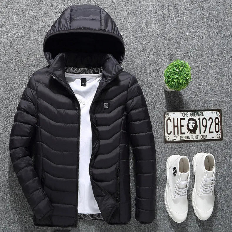 Winter heated jacket with USB carbon fibre heating, removable hood, available in black, blue, and red colours