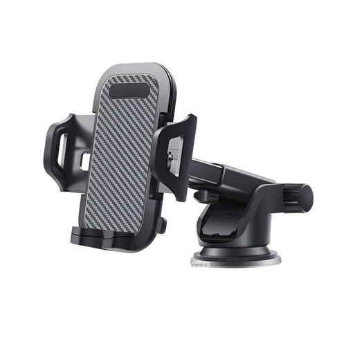 Black universal adjustable car phone holder mounted on a car air vent, showing EVA foam lining inside the cradle.