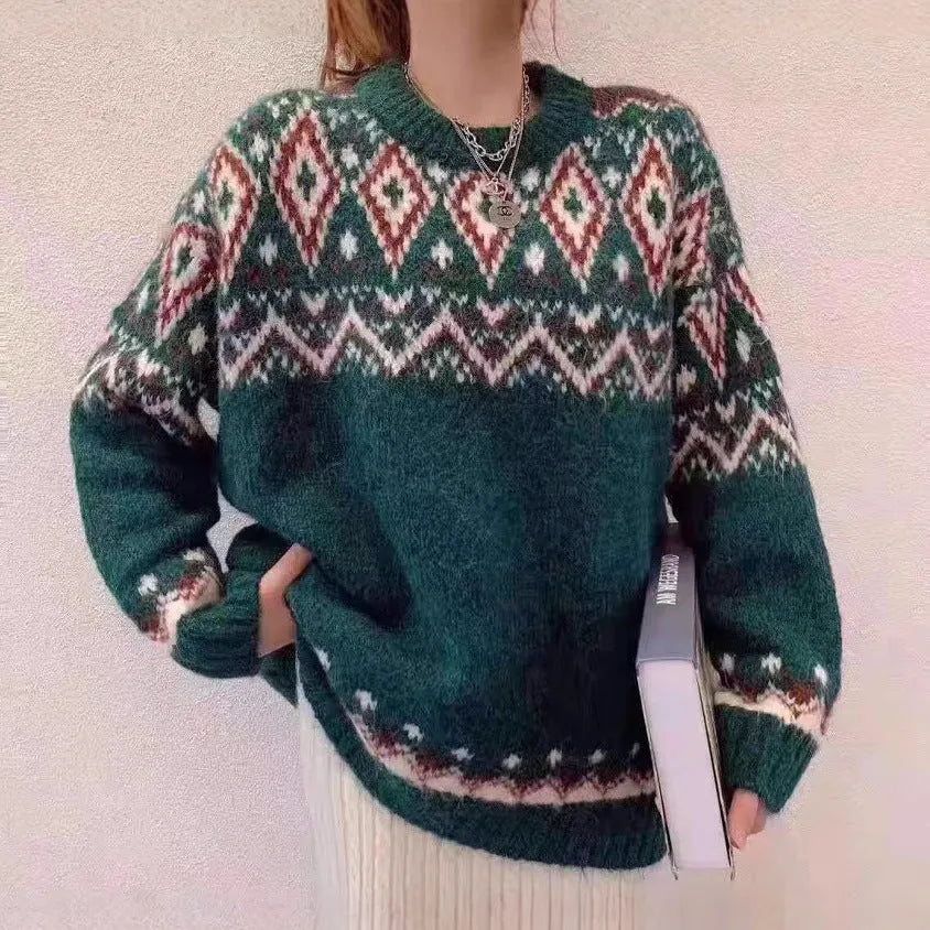 Red and white striped loose retro knitted pullover top with long sleeves