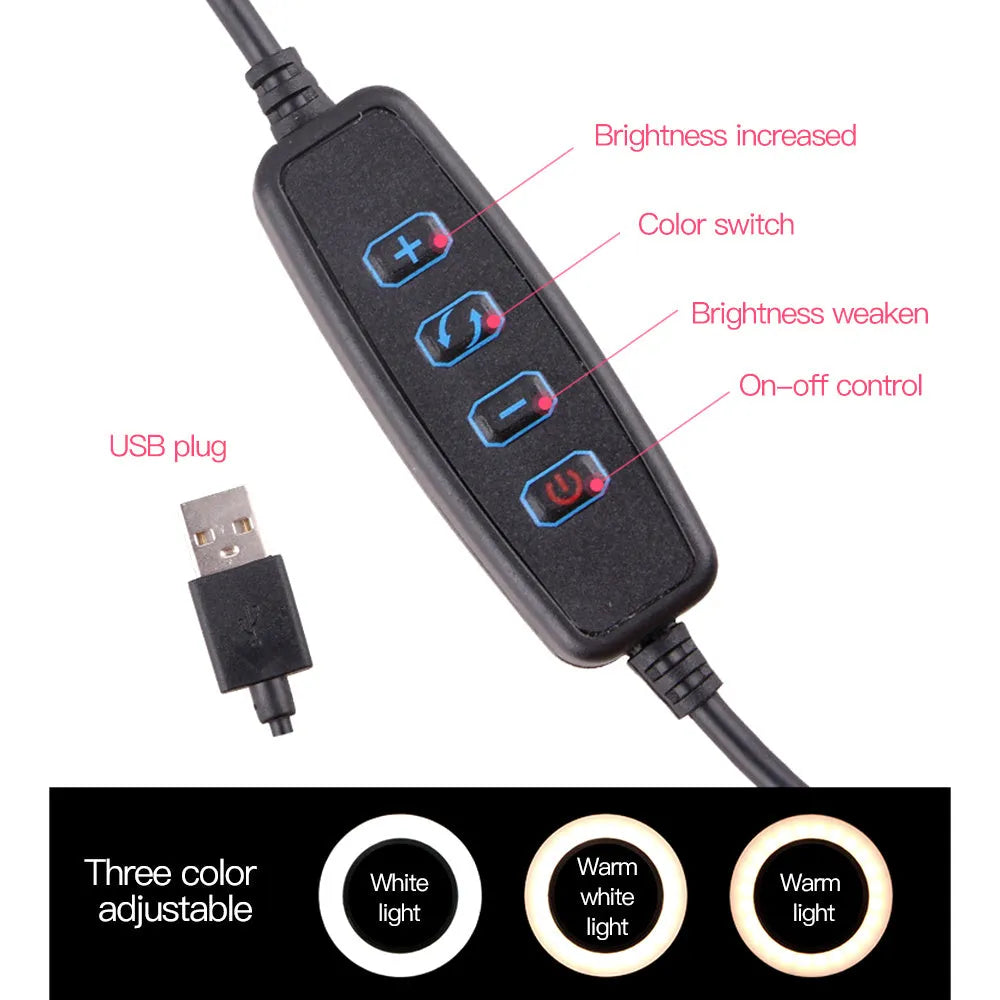 26cm LED ring light on tripod stand with phone clip and Bluetooth remote for smartphone desktop use