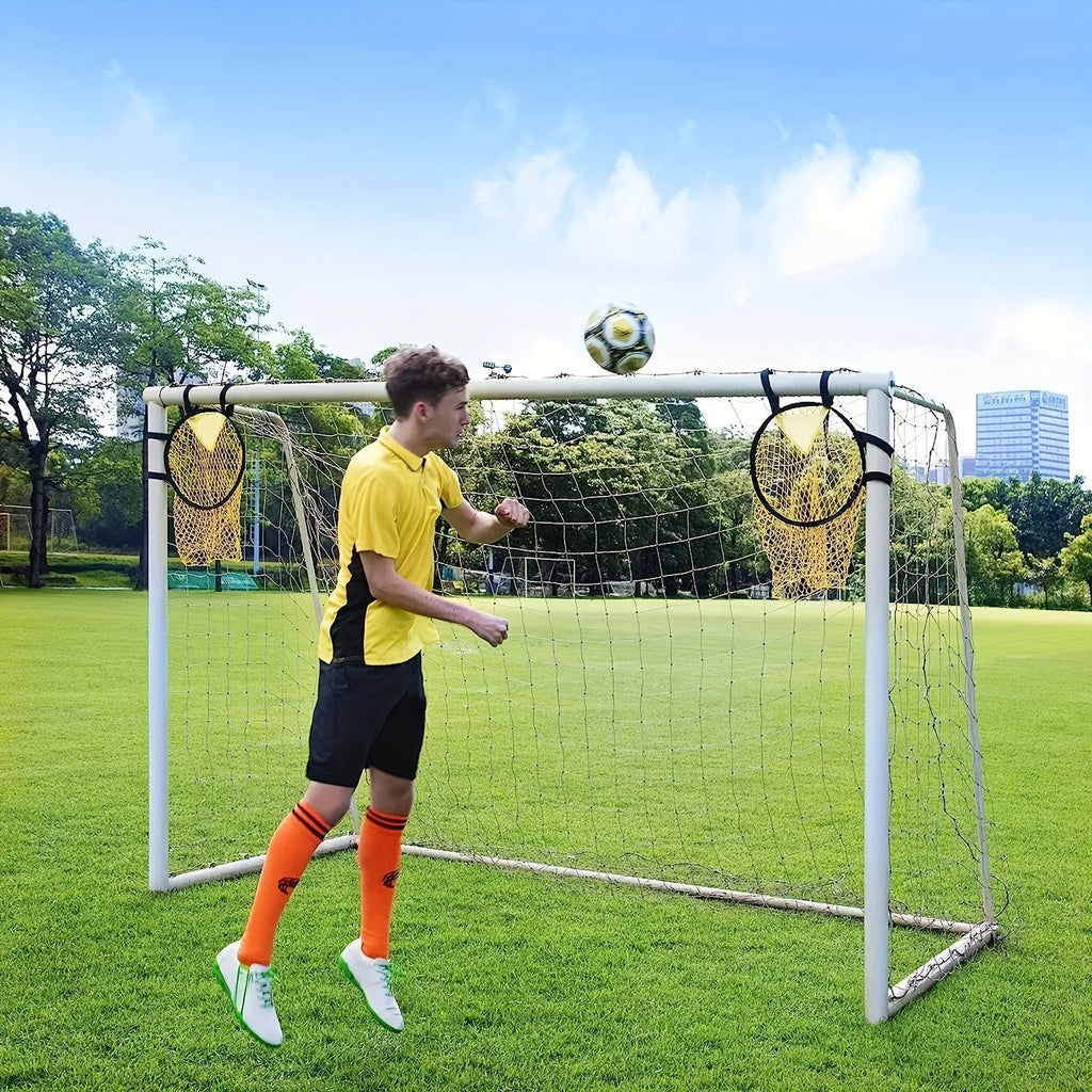 Portable black and yellow football training goal net with four target zones for shooting practice.