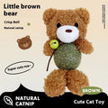 Brown bear plush cat toy with a central mint ball, measuring 15cm tall, on a plain background.