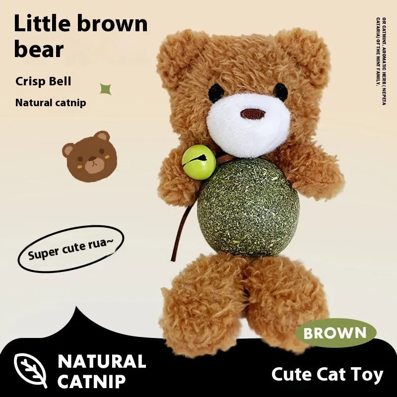 Brown bear plush cat toy with a central mint ball, measuring 15cm tall, on a plain background.