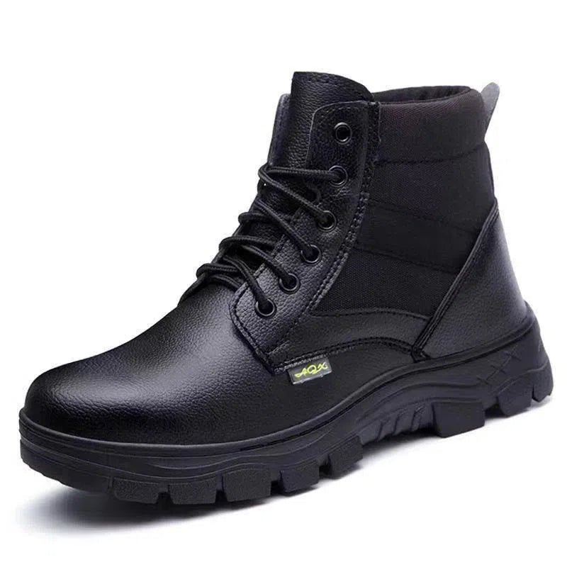 Black high-top leather safety shoes for men with steel toe cap, rubber outsole, and lace-up front