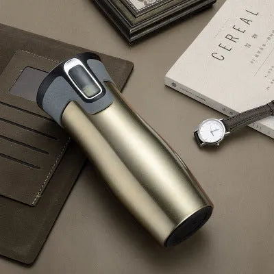 450ml vacuum insulated stainless steel travel mug with leak-proof push-button lid, shown in black, blue, or true colour