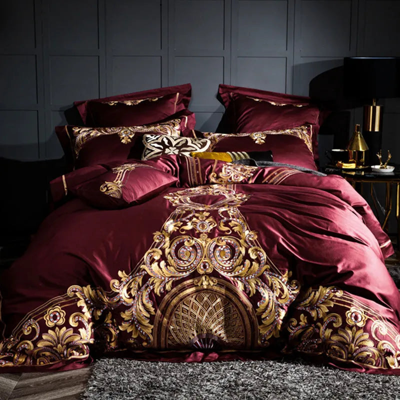 Four-piece embroidered cotton bedding set with duvet cover, bed sheet and two pillowcases in grey or red