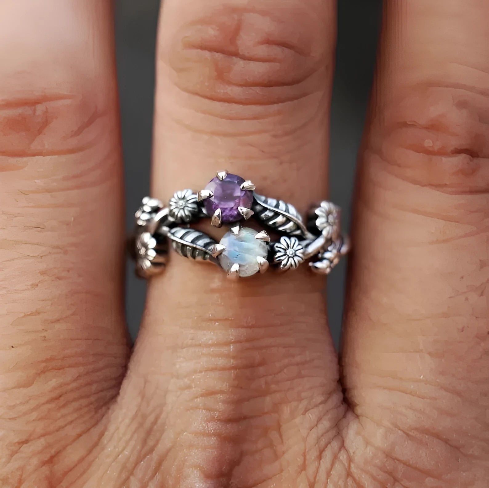 Purple gemstone flower ring for women in silver zinc alloy, available in sizes 6 to 10