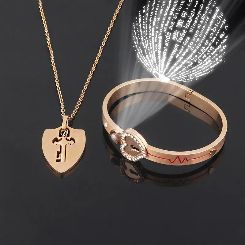 Titanium steel couple love lock bracelet key set necklace in electroplated finish