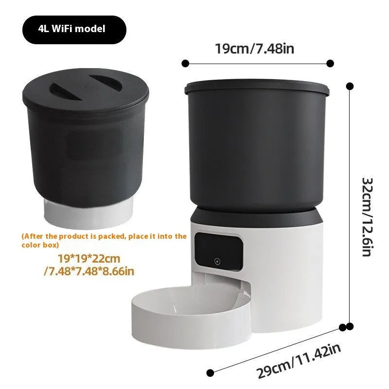 4-litre smart pet feeder with LCD display, food bowl, and optional camera on top.