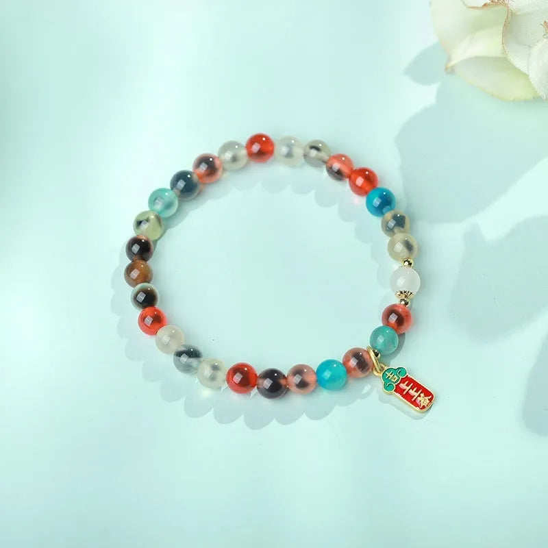Women's agate and coloured glaze copper coin snake bracelet in geometric style with manual craftsmanship