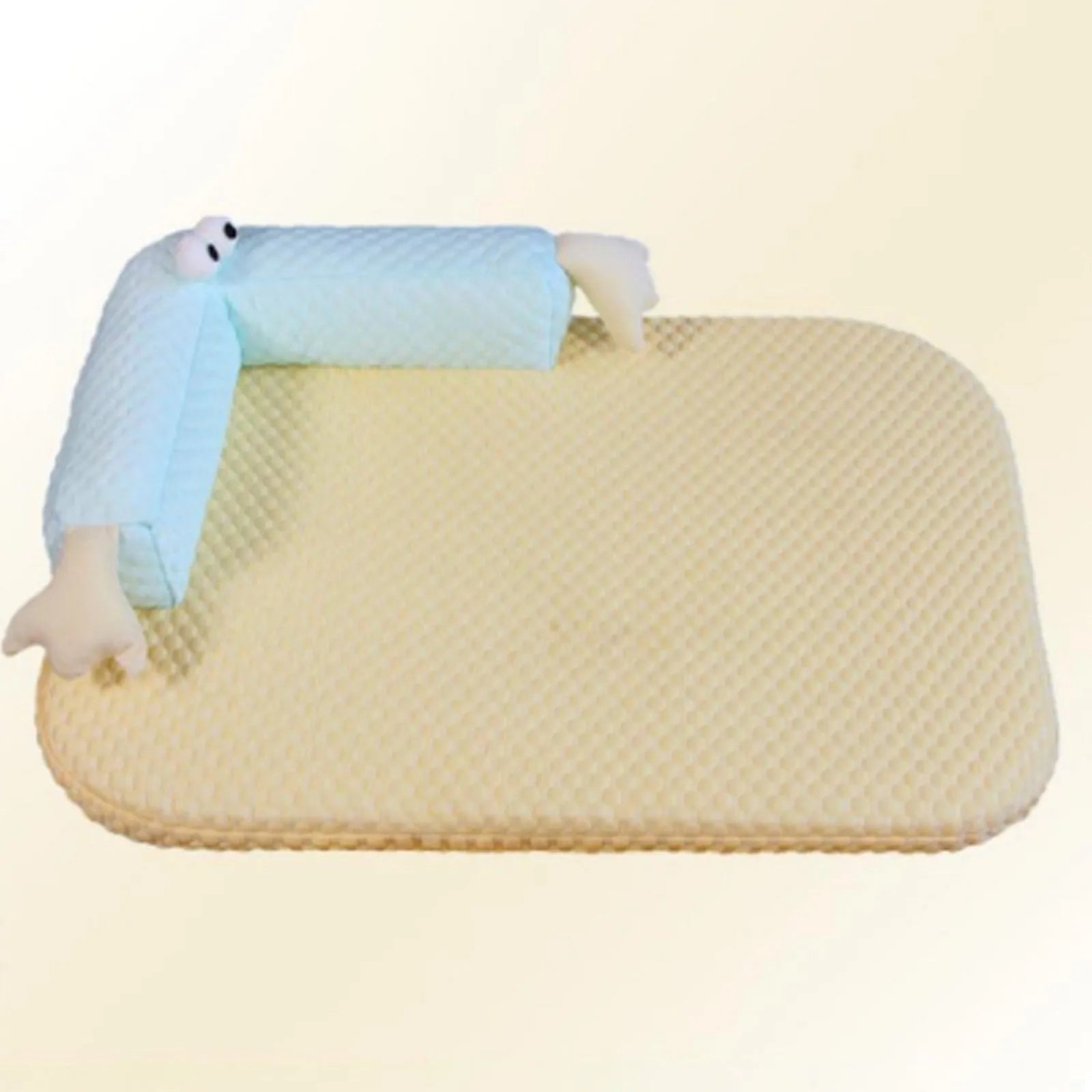 Blue pet bed with big-eyed monster design for dogs and cats, showing non-slip base and breathable fabric.
