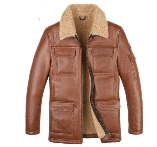 Sheepskin trench coat lapel jacket in champagne colour, slim fit, fur style, with multiple pockets