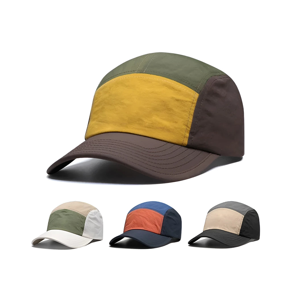 Men's khaki coloured cotton-polyester baseball cap with a curved brim on a wooden surface.