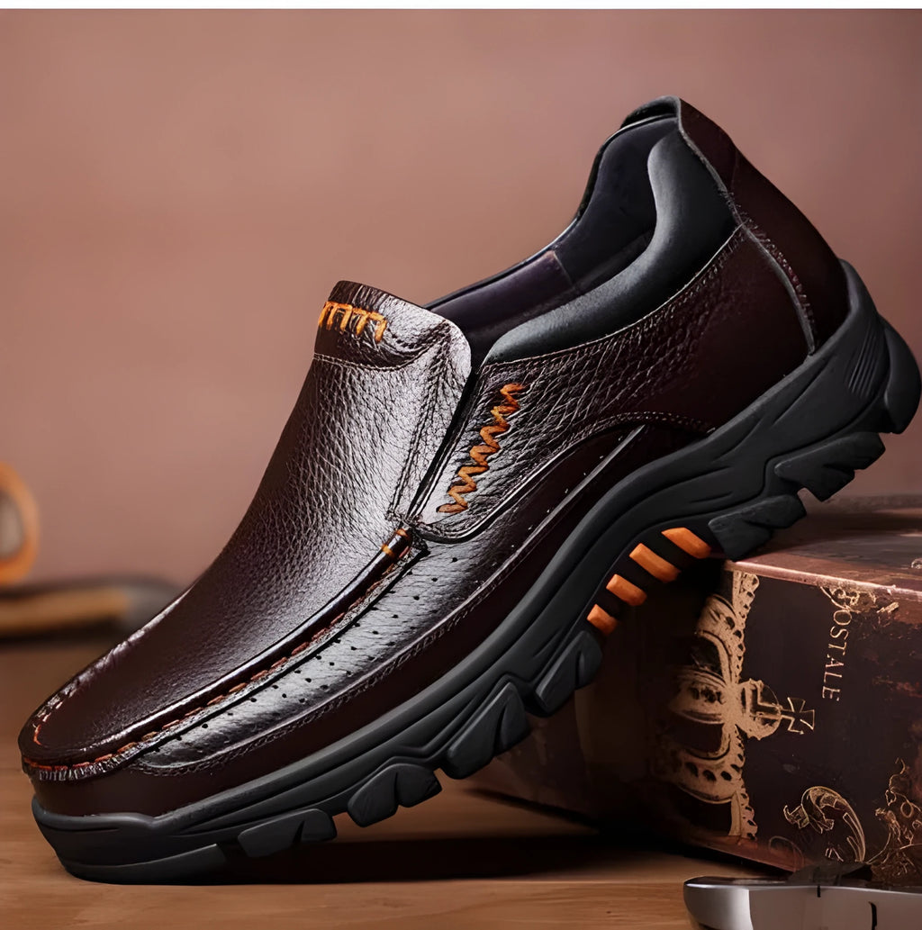 Men's black and brown business casual slip-on loafers with cowhide leather uppers