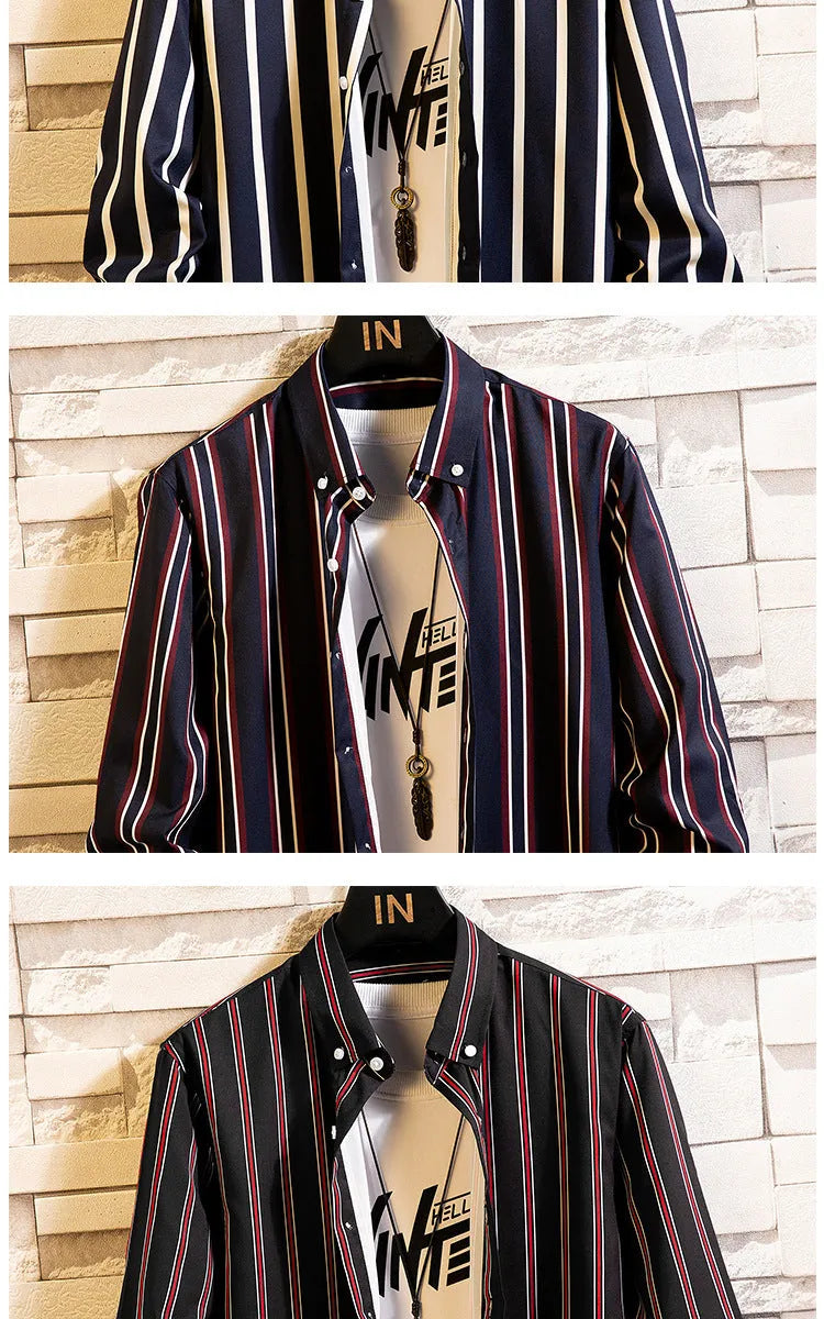Men's casual striped polyester slim fit cardigan with pointed collar in black and red