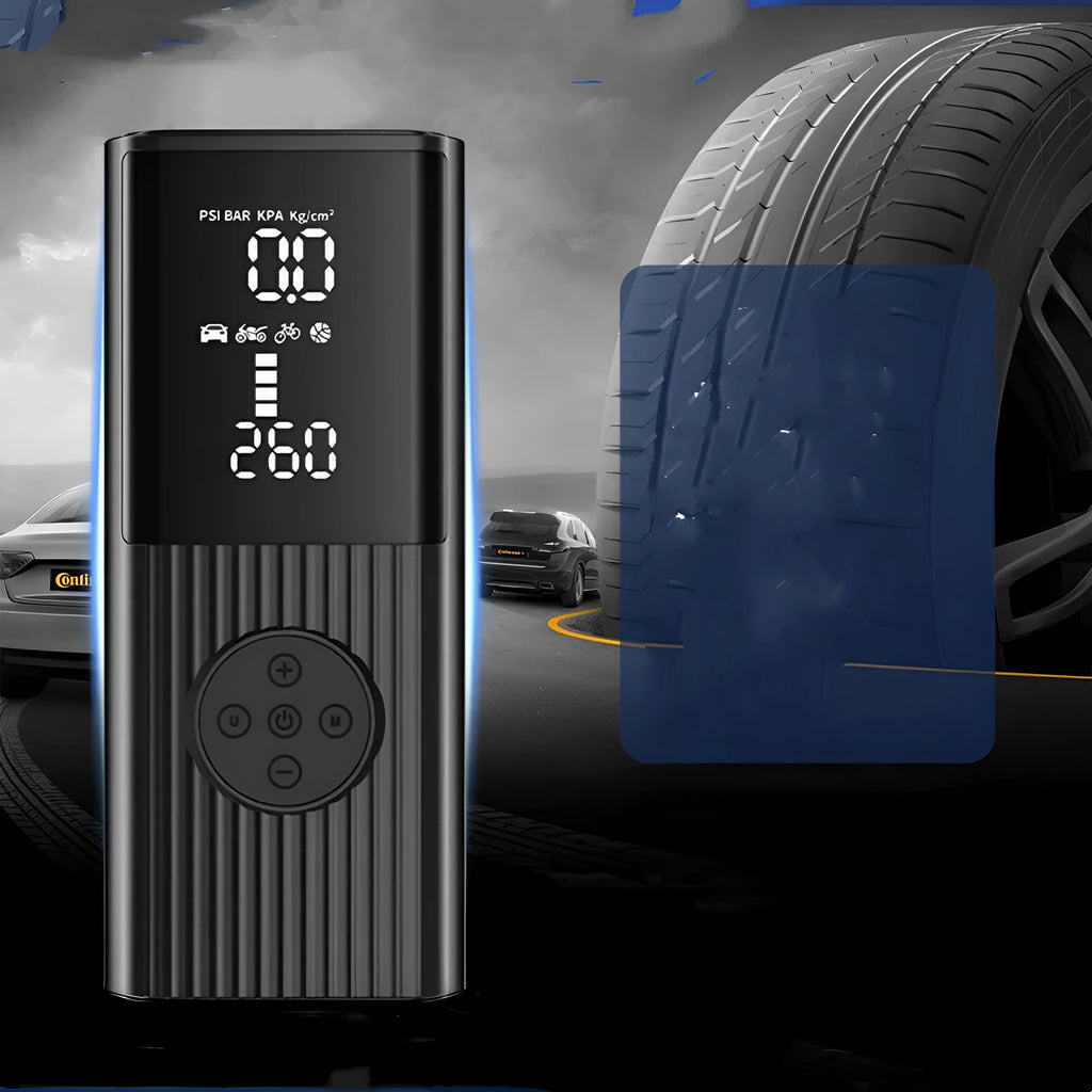 Wireless portable car tyre inflator pump with LED light and storage bag on a grey background.