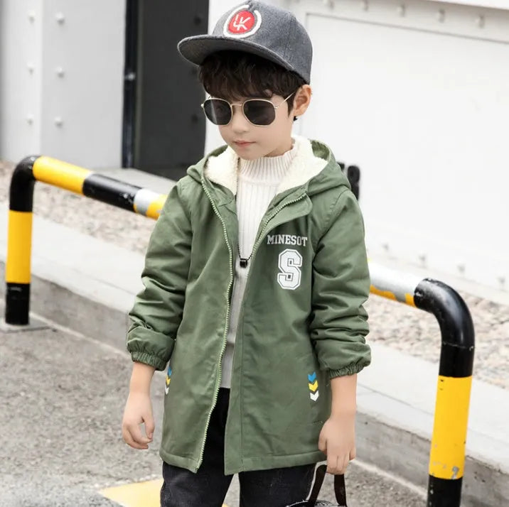 Children's winter jacket with velvet lining Korean style windbreaker in brown, green, navy sizes 110-160cm