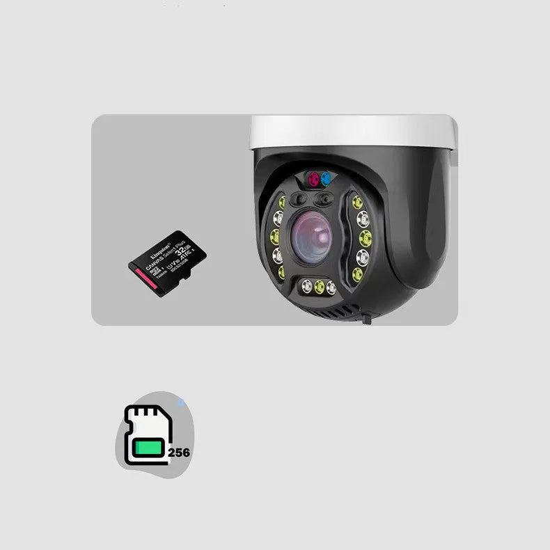 White outdoor dome security camera with 360-degree rotation on a wall mount