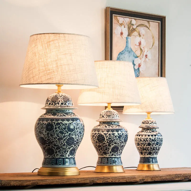 Blue and white Chinese porcelain table lamp with handmade ceramic base and fabric shade
