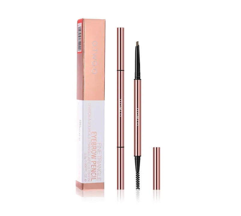 Eyebrow make-up pencil in six colours including blonde and auburn, shown with its colour box packaging.