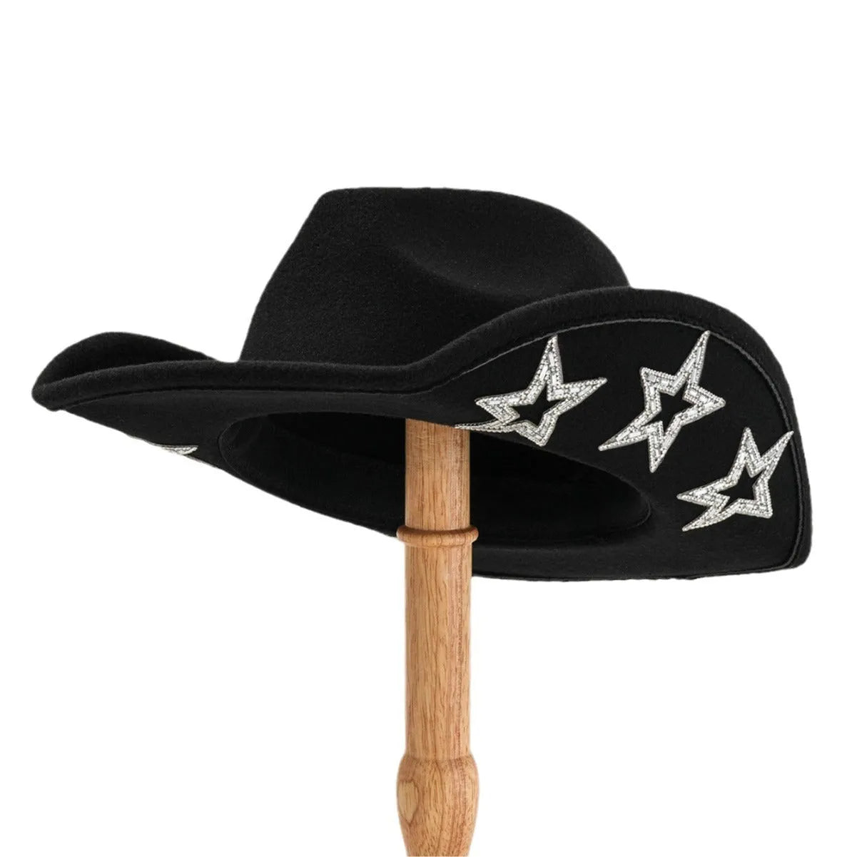 Beige woolen felt western style top hat with a conical crown and a silver hexagonal star decoration on the front.