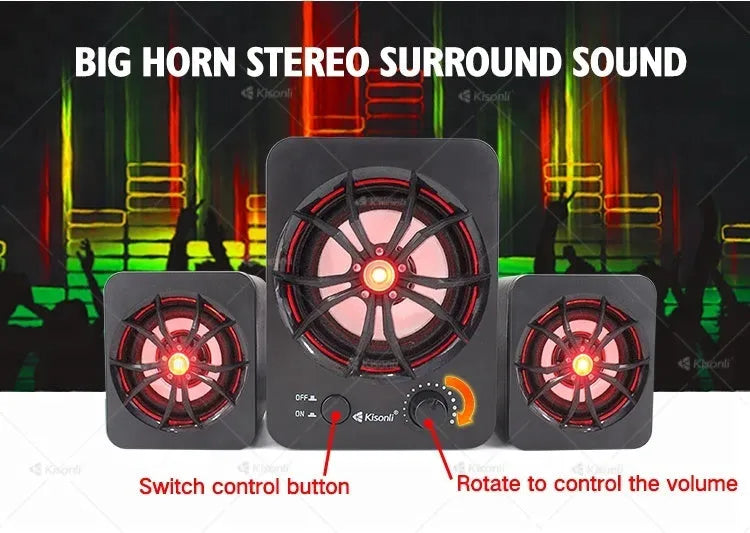 Green USB 2.1 computer speaker with colourful glowing lights and 150 cm cable