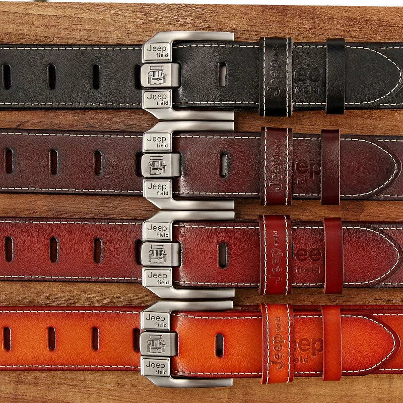 Men's leather belt with two-layer cowhide strap, alloy rectangular pin buckle and car suture detail