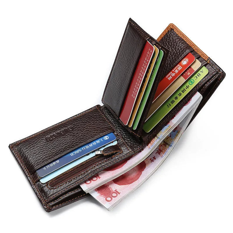 Men's brown cowhide leather wallet with contrast stitching, shown open to reveal card slots and a zippered coin compartment.