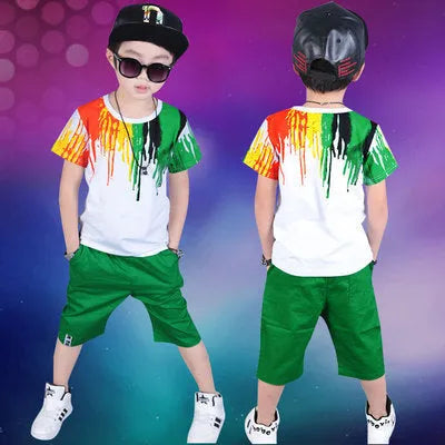 Childrens clothes set summer short sleeve top and shorts green orange Korean style boys 100-150cm