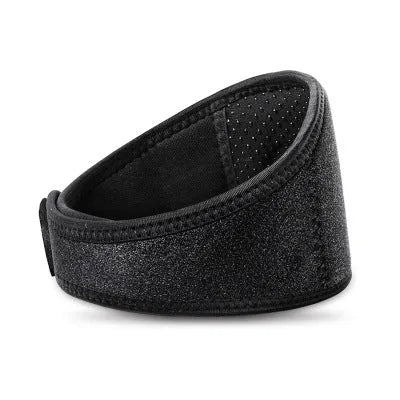 Black self-heating magnetic therapy neck guard showing adjustable strap.