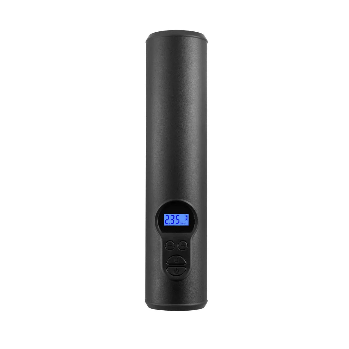 Wireless portable car tyre inflator pump with LED light and storage bag on a grey background.