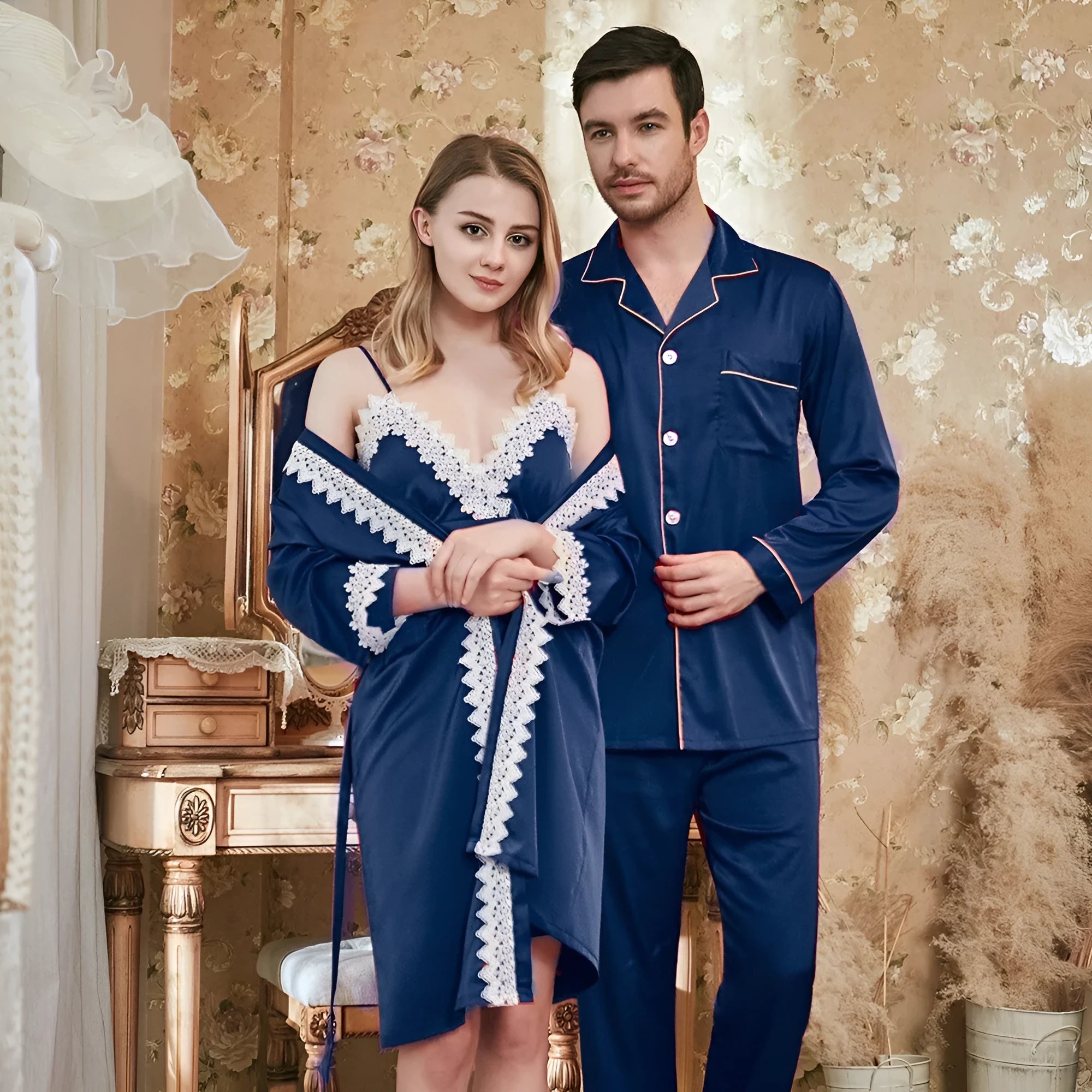Ladies lace suspender nightgown in artificial silk, available in multiple colours for couple pajama sets