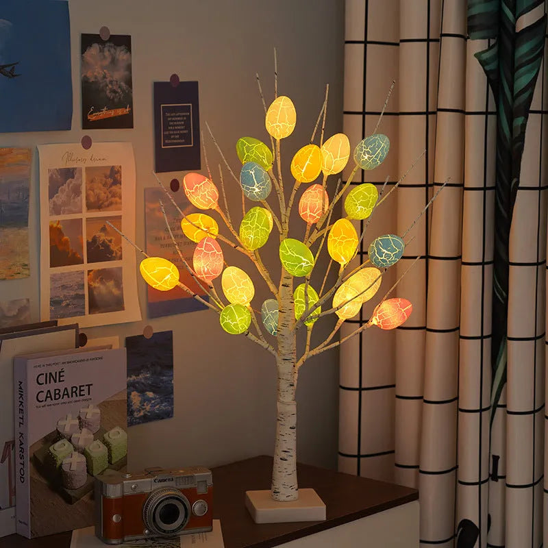 60cm white LED birch tree Easter decoration with adjustable branches and hanging cracked egg ornaments