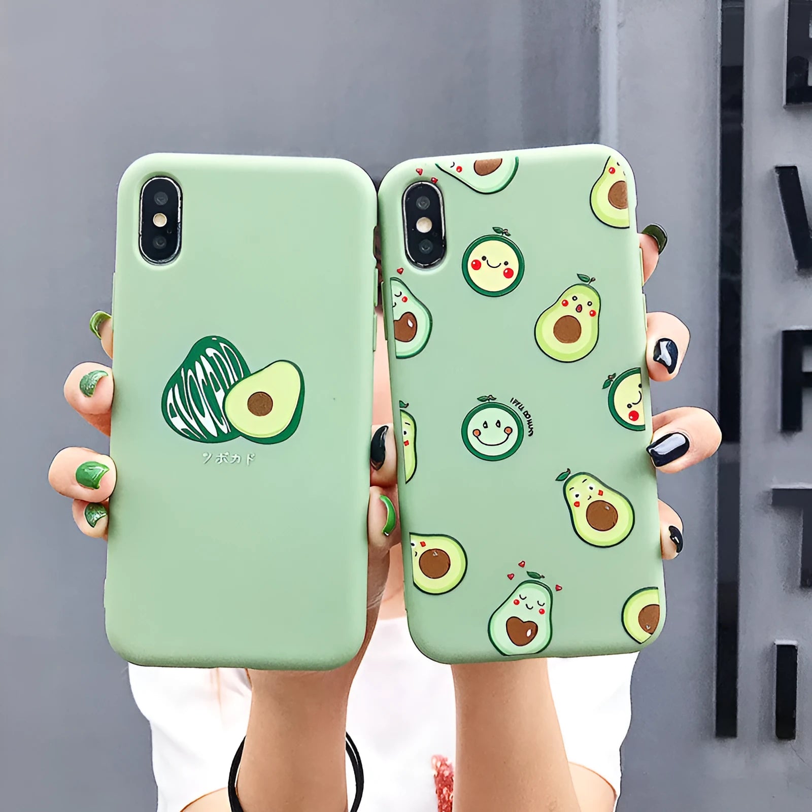 Cartoon avocado design on a green TPU phone case for iPhone models.