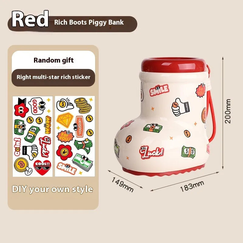 Cartoon-style plastic desktop organiser with grid compartments and red or brown stickers.