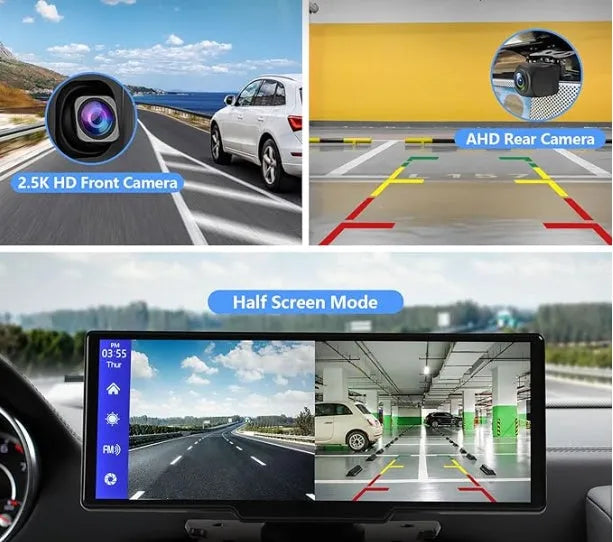 Black portable wireless CarPlay screen with 9.3in Ultra HD touch display, 2.5K front camera and 1080P rear camera