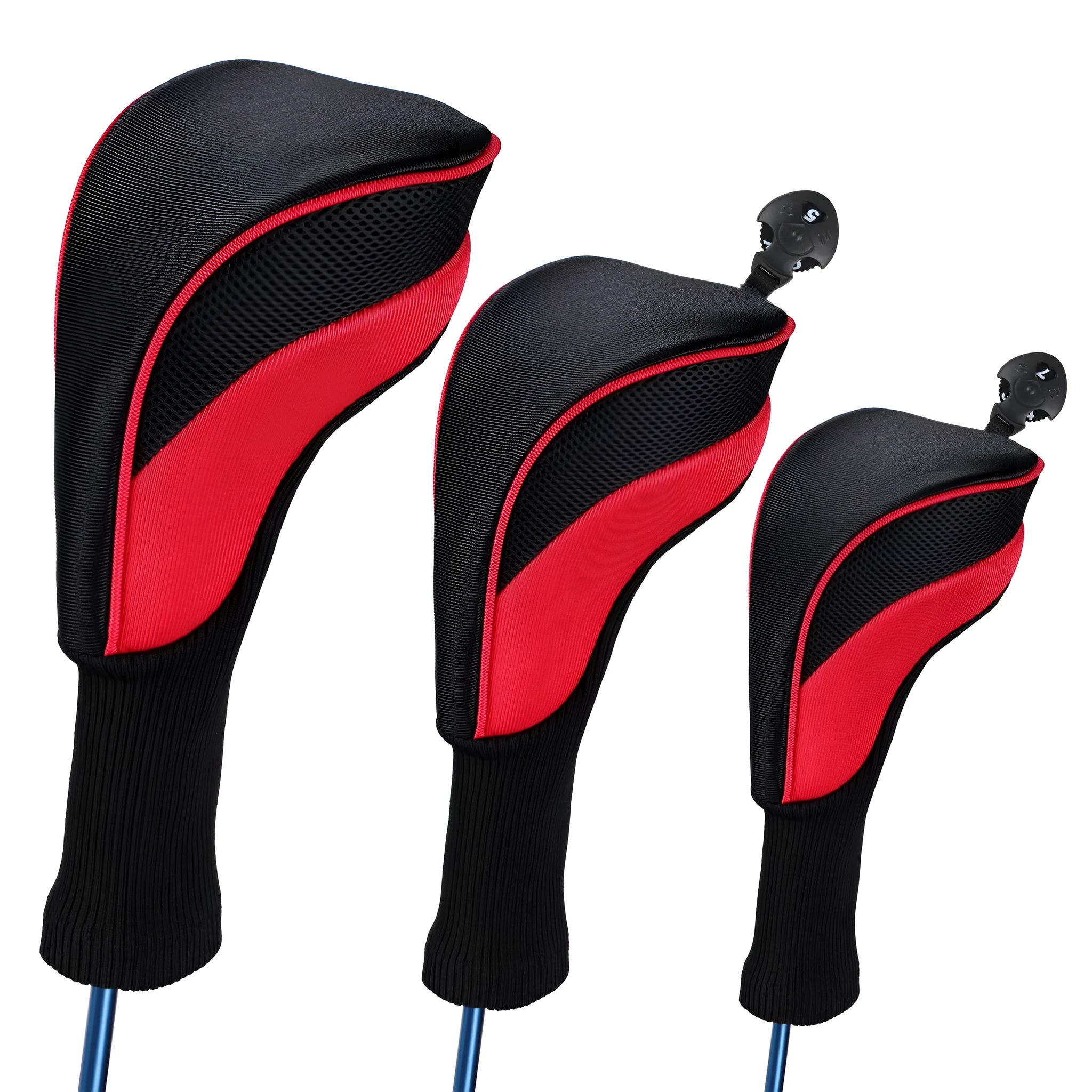 Set of six fabric golf club covers in black, blue, red, and two-tone stripes for driver and fairway wood protection