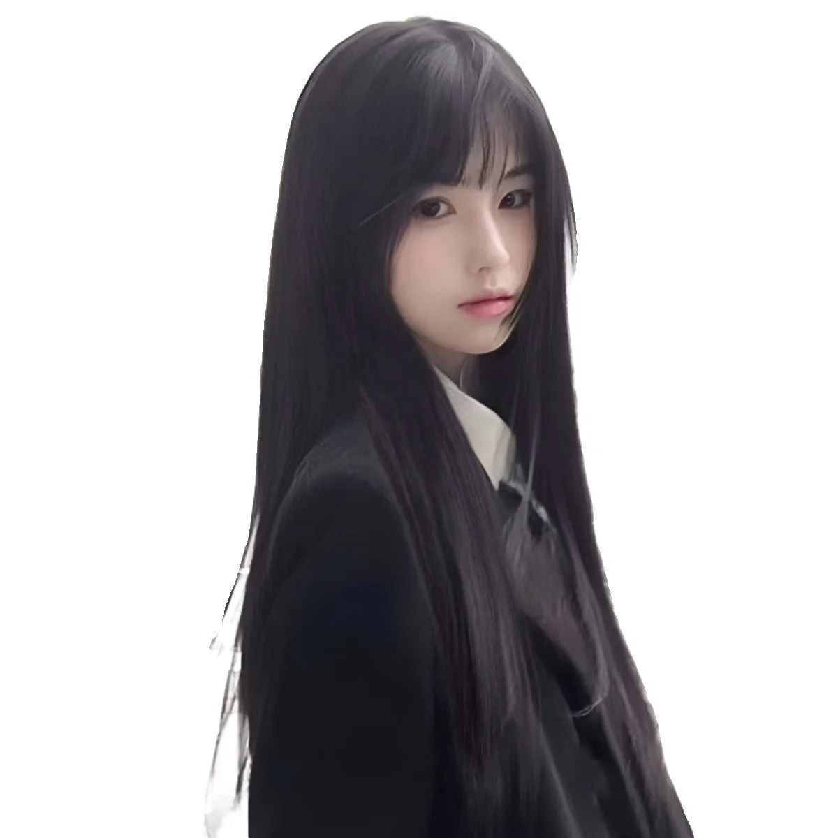 Black long straight synthetic wig with bangs for women in brown-black colour option