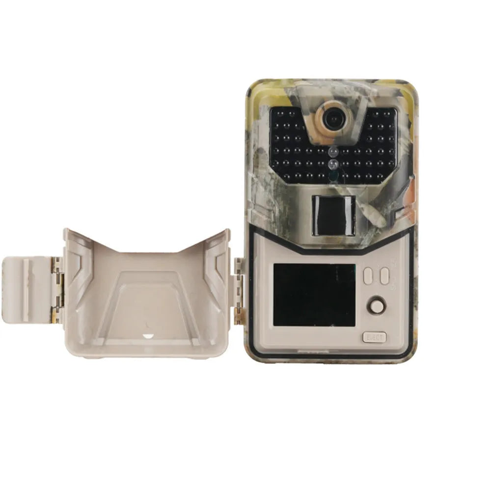 Compact camouflage trail camera with infrared LEDs, showing front display and lens.