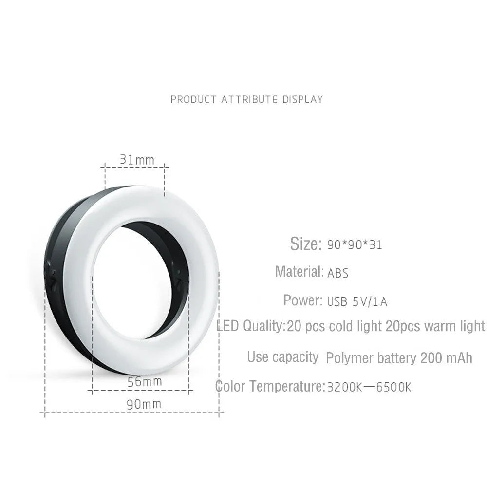 Black LED selfie ring light for mobile phones with adjustable brightness and USB charging port.