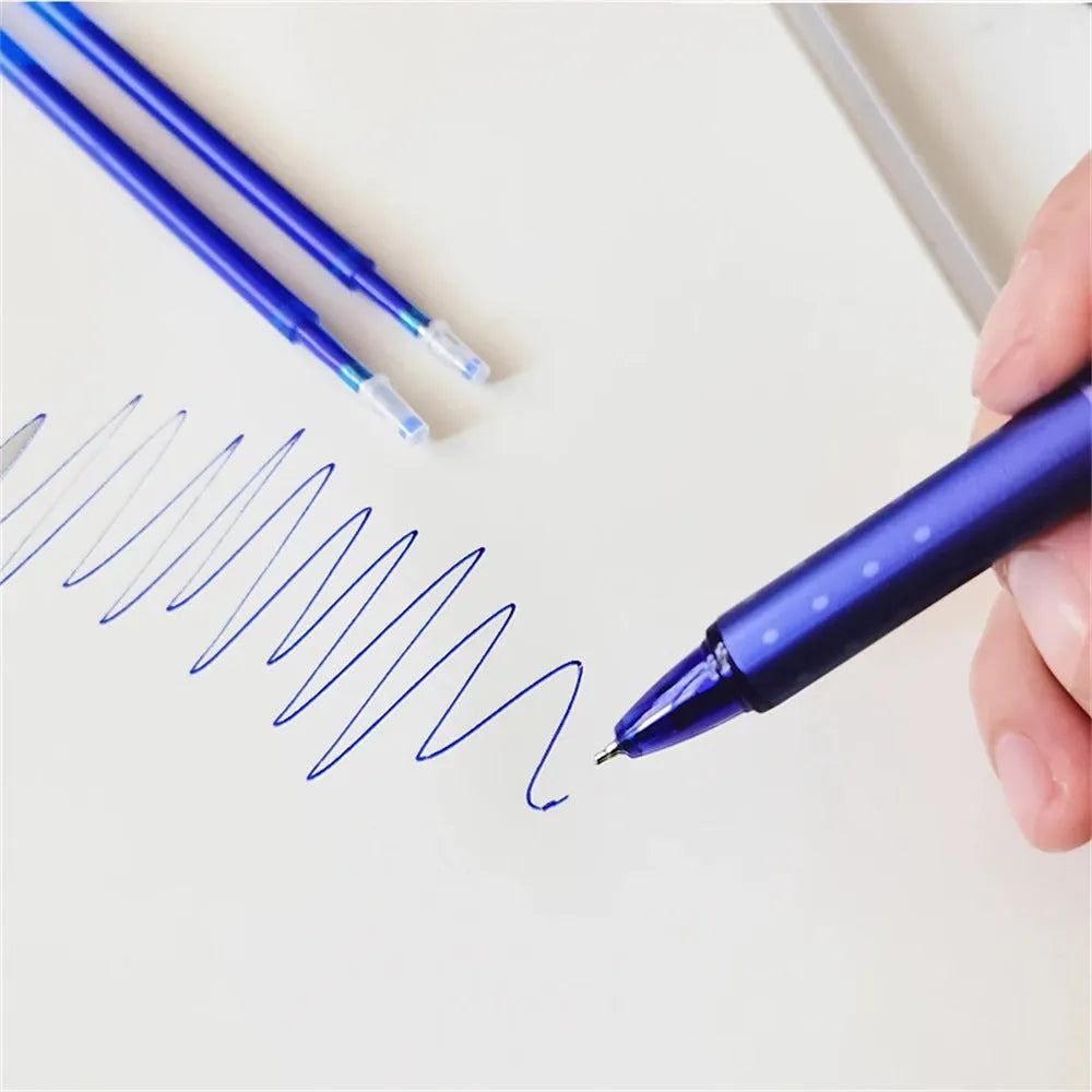 Blue and black erasable 0.5mm gel pen with plastic body and stainless steel nib for student writing