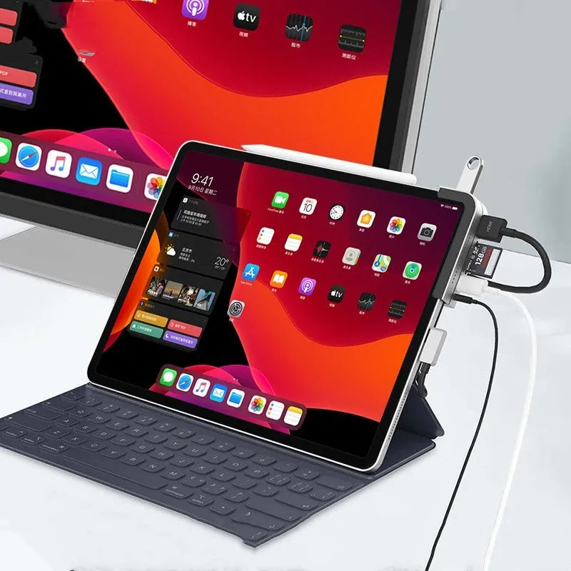 Silver aluminium grey USB-C 6-in-1 docking station for iPad Pro with HDMI and card reader ports