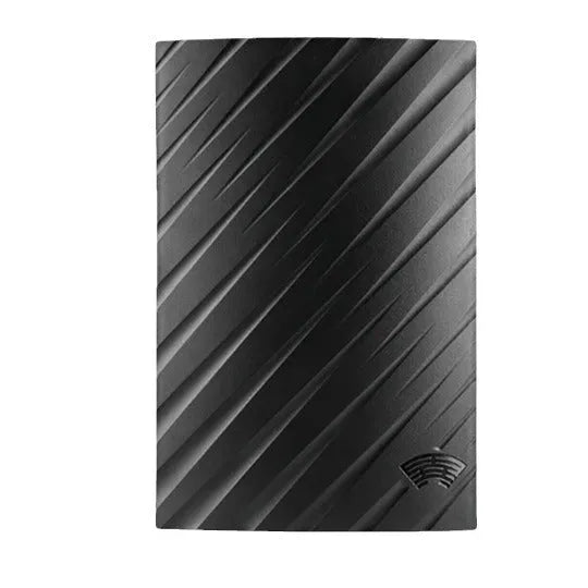 Black plastic digital HD television antenna with included mounting screws, expansion tubes, cable ties, and adhesive tape.