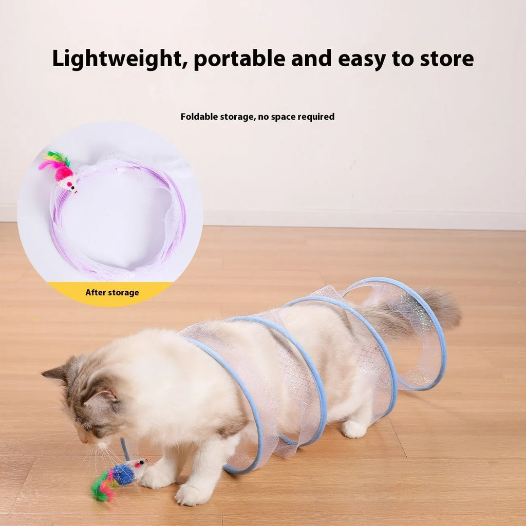 Steel wire frame cat tunnel toy with elastic net material and feather attachments for interactive pet play
