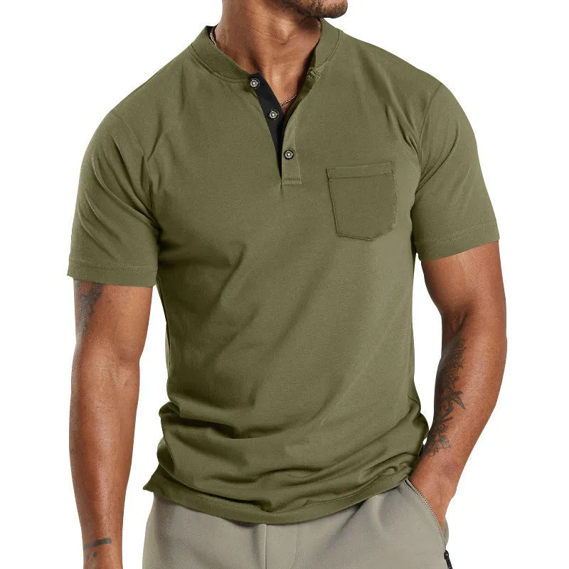 Men's plus size solid colour short sleeve polyester shirt with a button pocket on the chest.