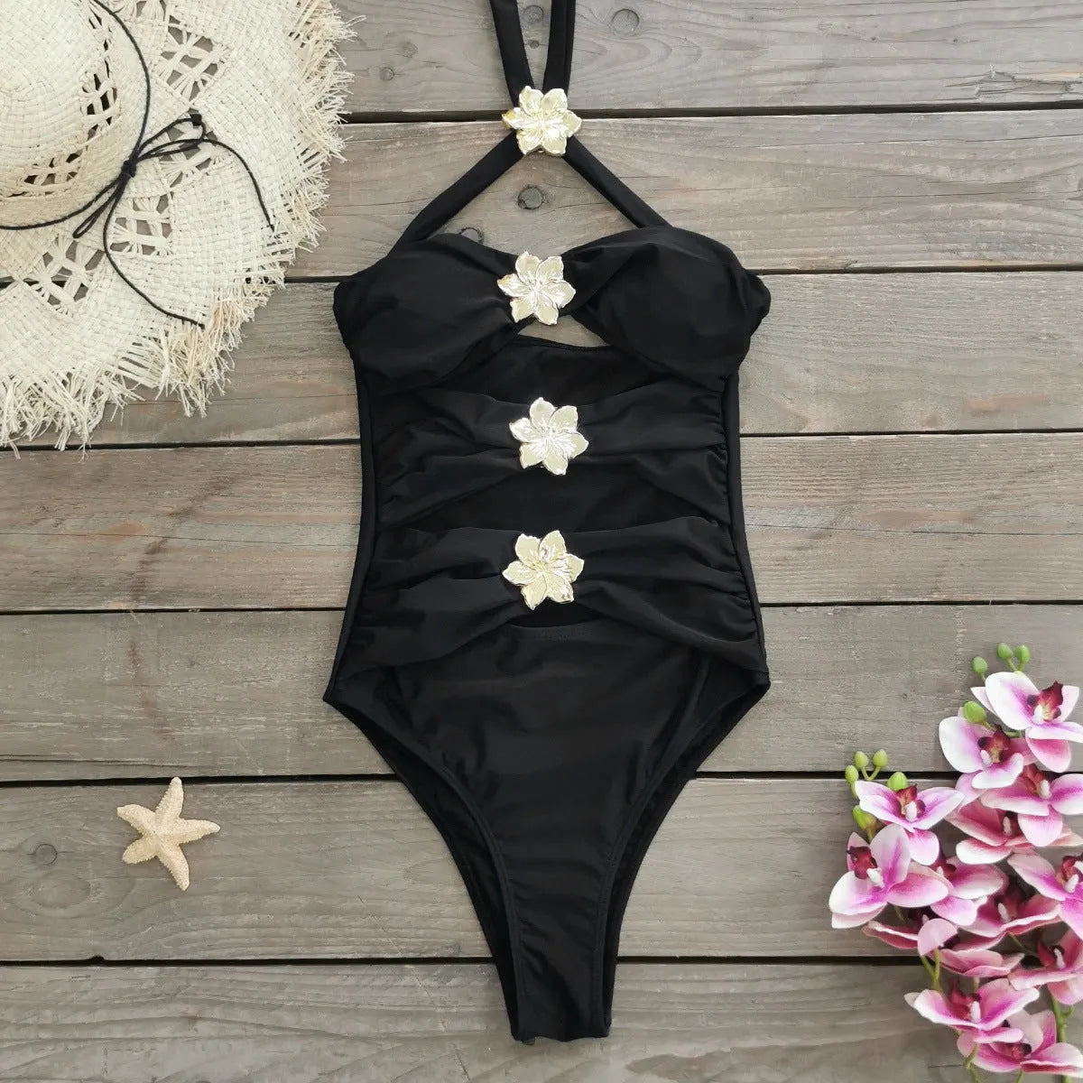 Women's solid colour one-piece swimsuit with hollow-out tube top and matching short skirt