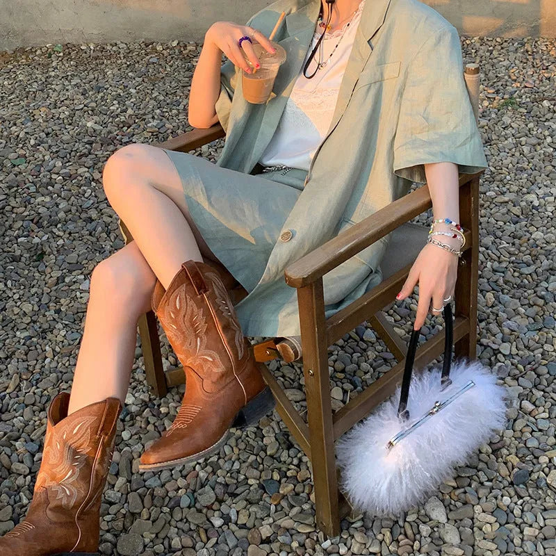 Brown embroidered women's Martin boots with mid-calf length, leather lining and square low heel